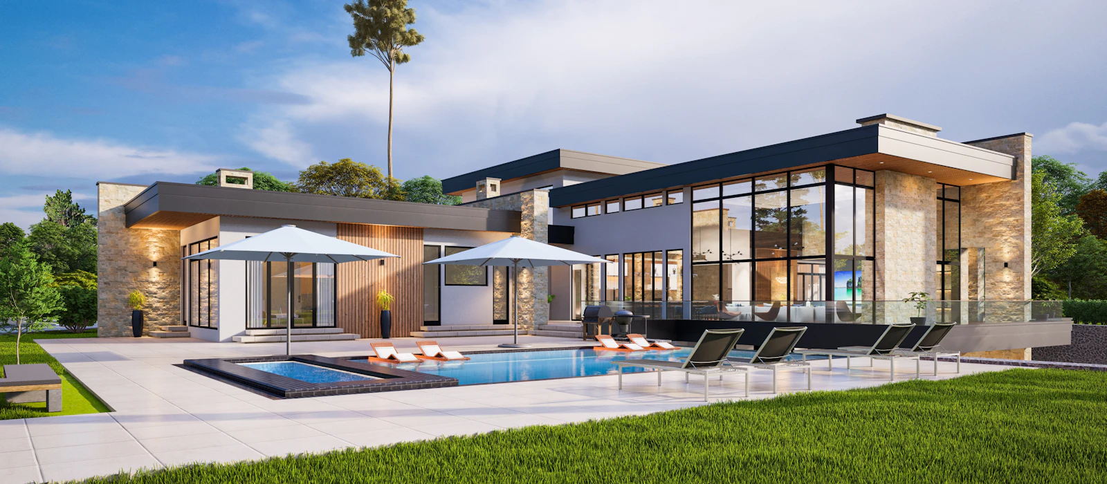 Villa terrace and pool at sunset