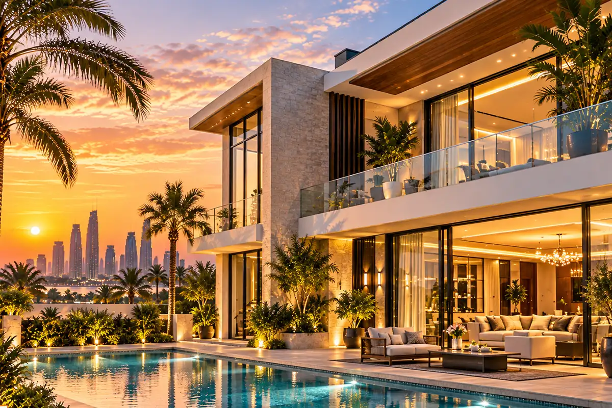 Luxury villa with a pool at dusk